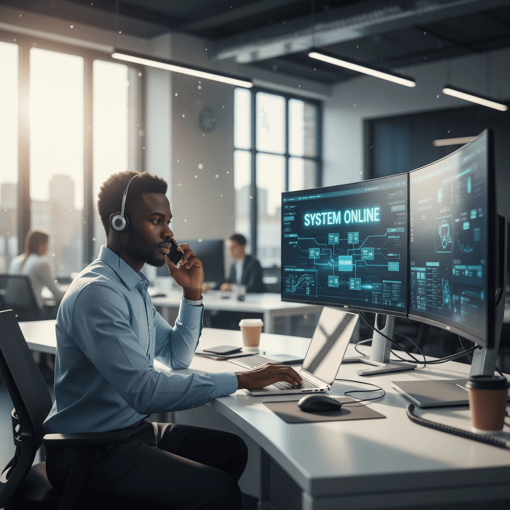 IT technician troubleshooting software on laptop at organized desk with dual monitors and diagnostic tools visible