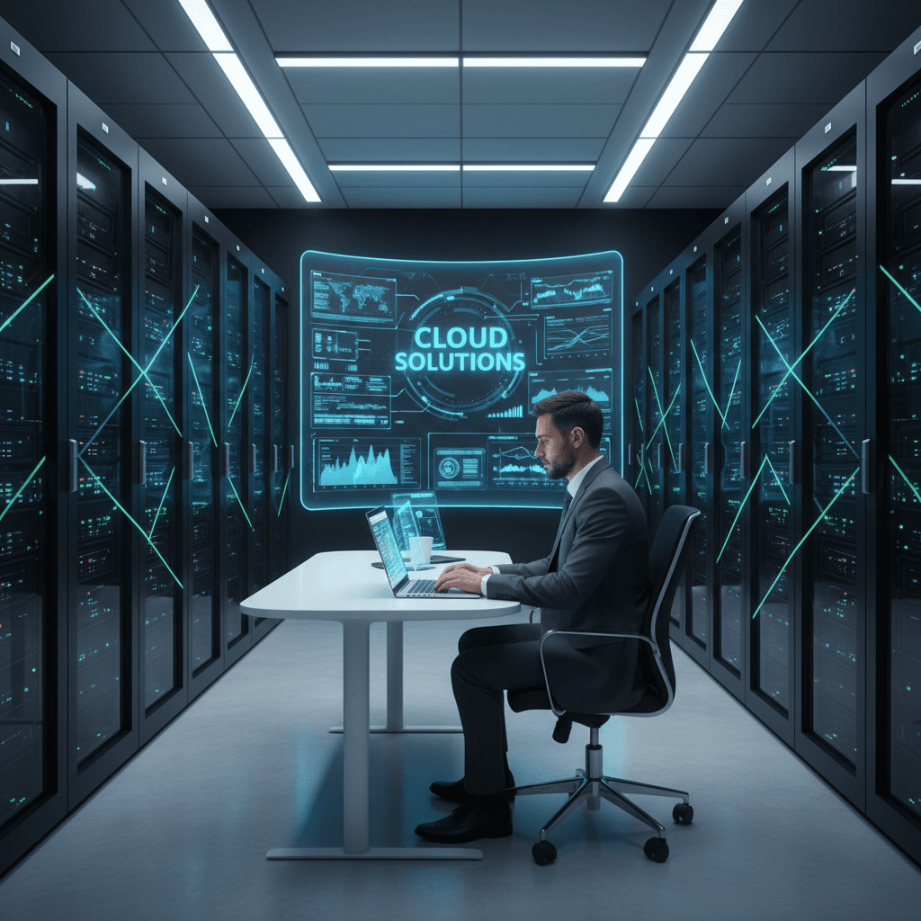 Abstract 3D network of glowing blue nodes and connecting lines representing cloud infrastructure architecture.