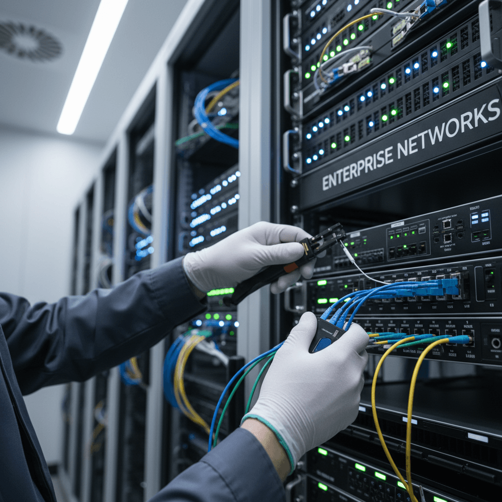Network engineer's hands carefully connecting fiber optic cables in a modern server room with illuminated equipment