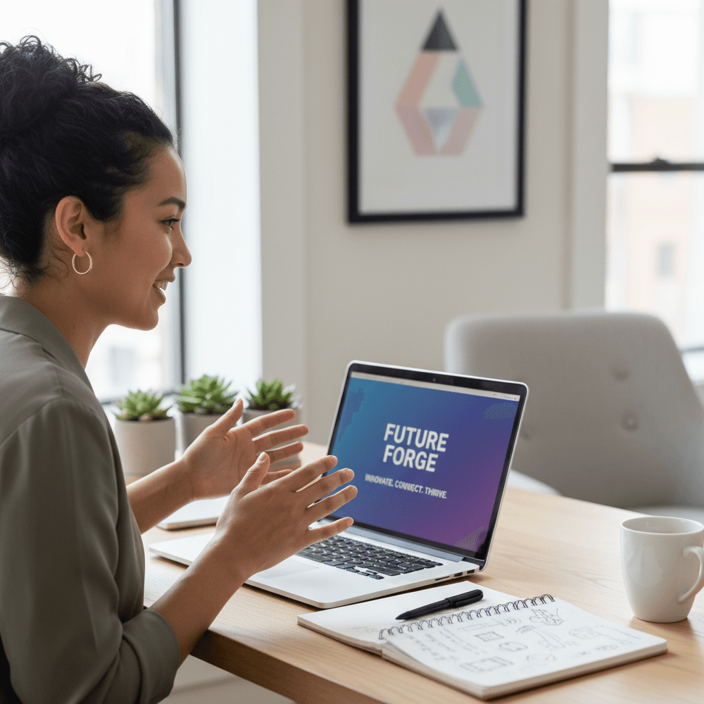 Female founder pitching business idea on laptop with confident gestures in naturally lit home office workspace