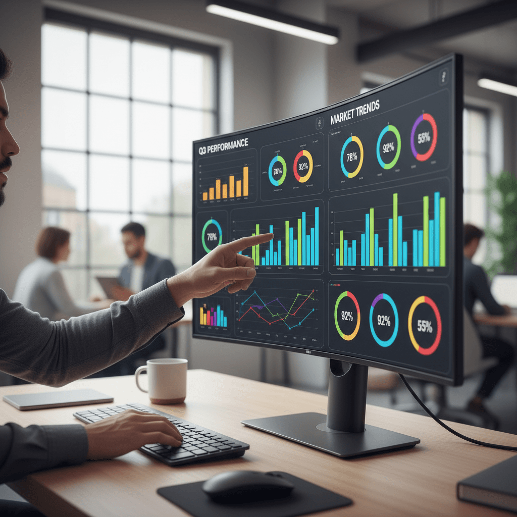 Data analyst hands pointing at colorful dashboard metrics and charts on curved monitor in bright modern office