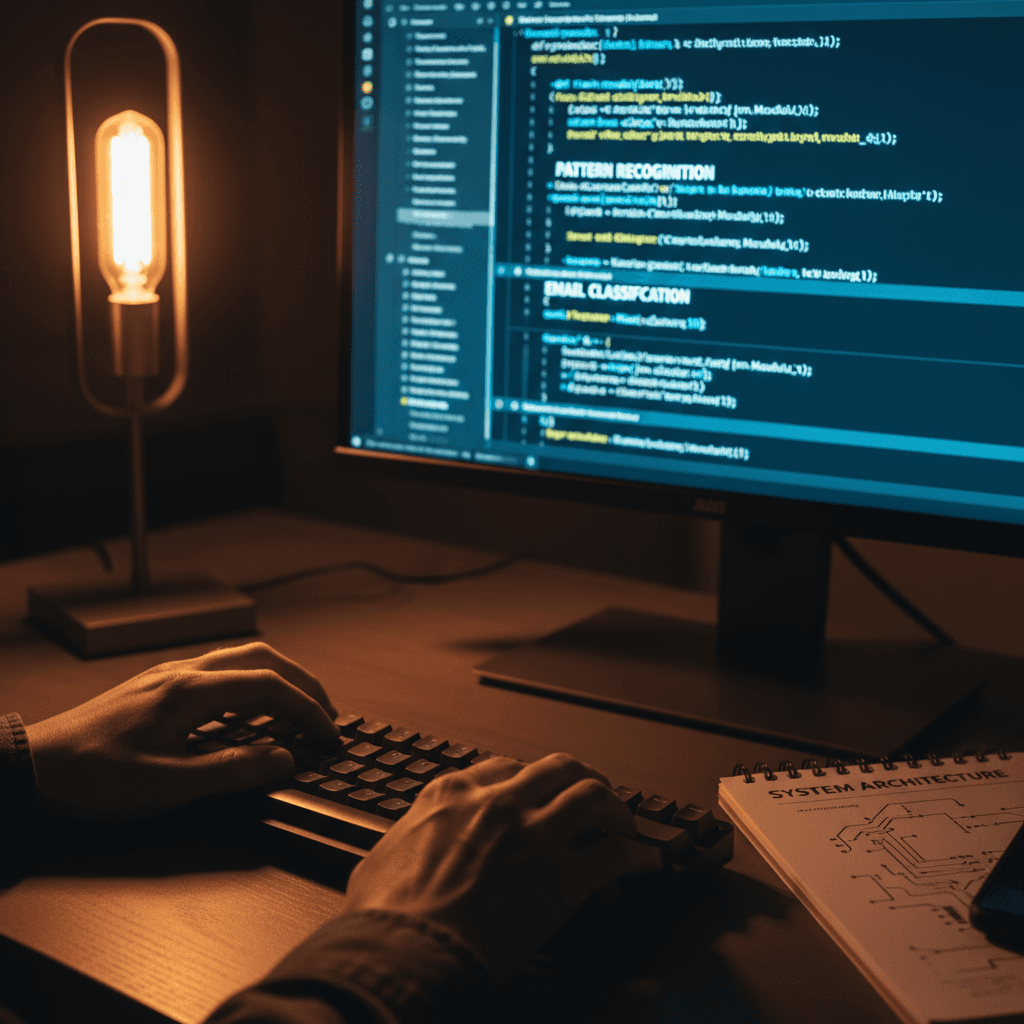 Software engineer's hands typing code for email detection algorithms on keyboard with programming environment visible
