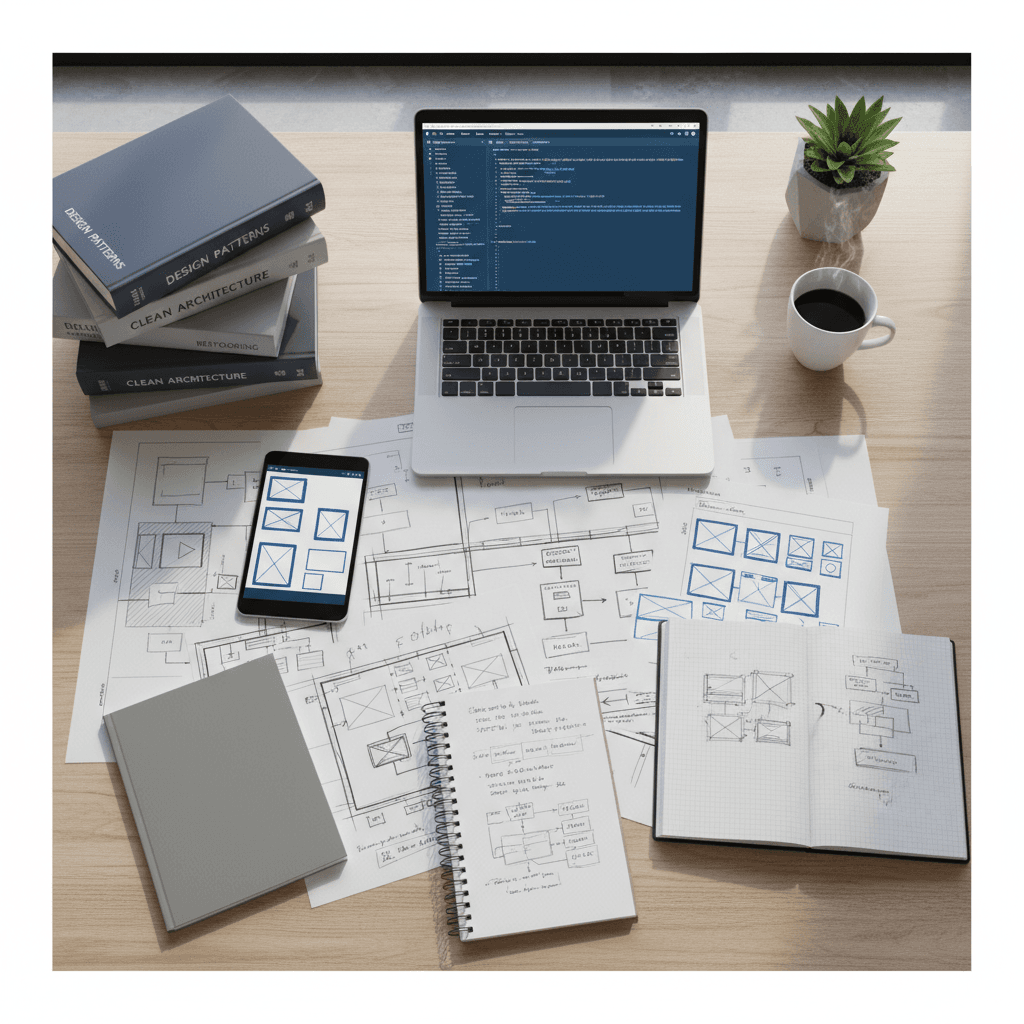 Overhead view of developer's workspace with architectural blueprints, laptops, documentation, and technical reference materials on wooden desk